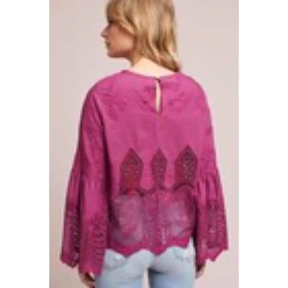 Anthropologie Bell-Sleeve Lace BOHO Pullover by Chloe Oliver Raspberry Sz S